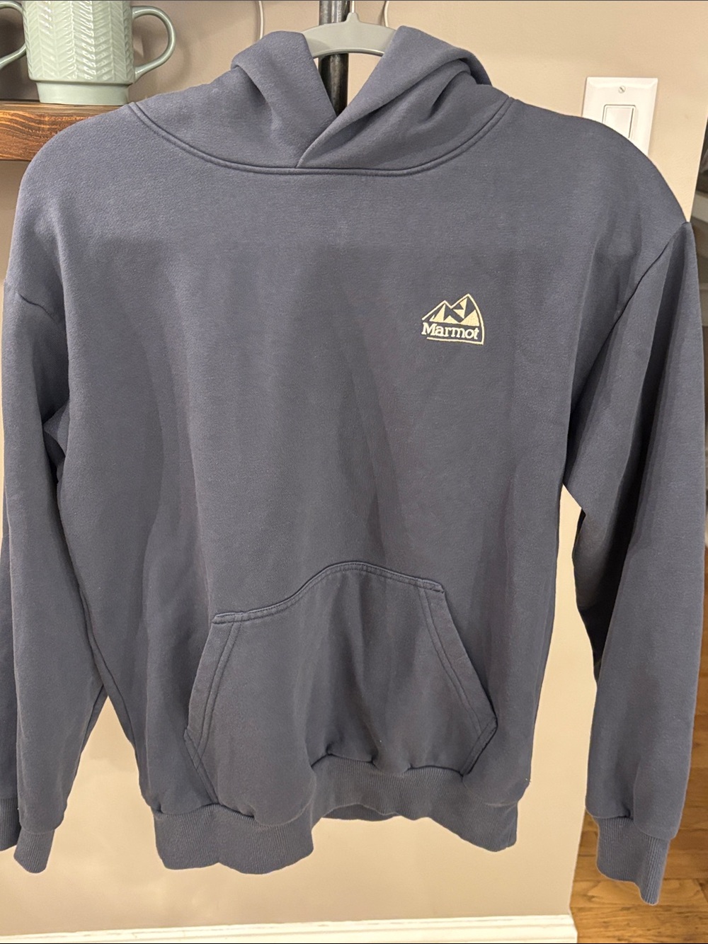 Marmot Hoodie Sweatshirt Men’s Size Small Blue Gray Pullover Kangaroo Pocket